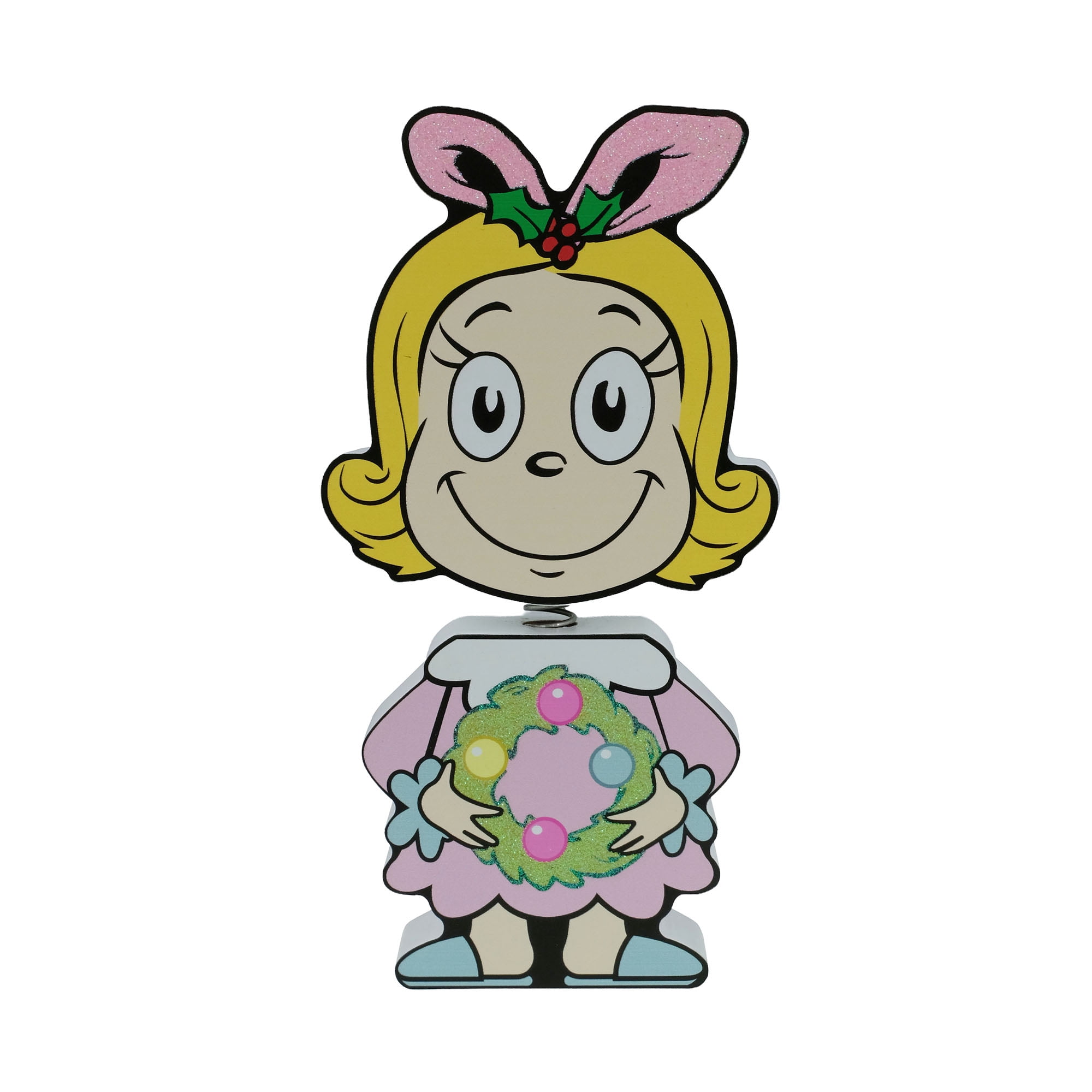 Dr. Seuss Cindy‑Lou Who Wooden Bobble Head – Pink Christmas Figurine with Wreath
