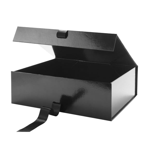 PKGSMART 16.3x14.2x5 Inches, Extra Large Gift Box with Lid, Gift Box with Ribbon for Clothes (Glossy Black)