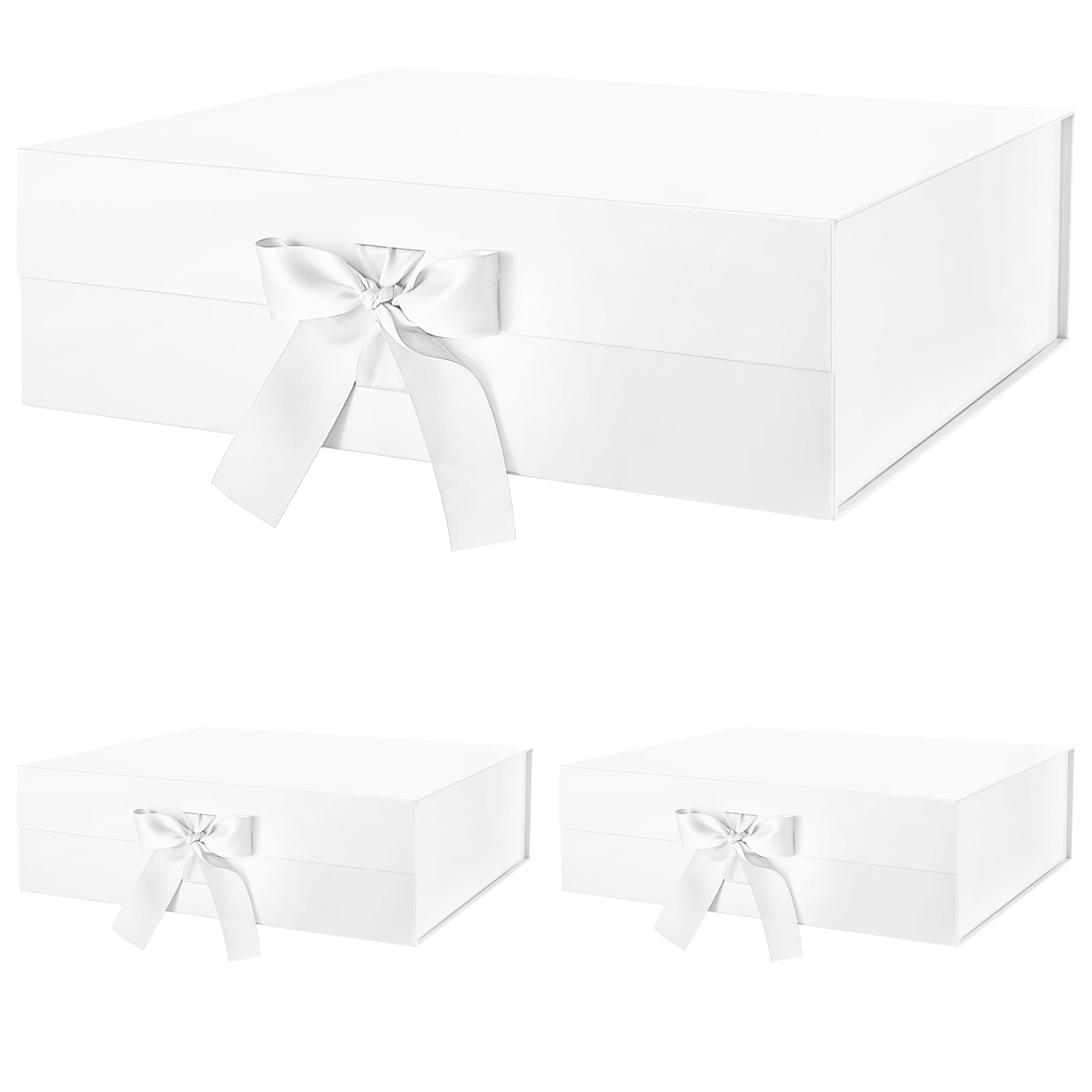 PKGSMART 3 Extra Large White Gift Boxes with Lids and Ribbons