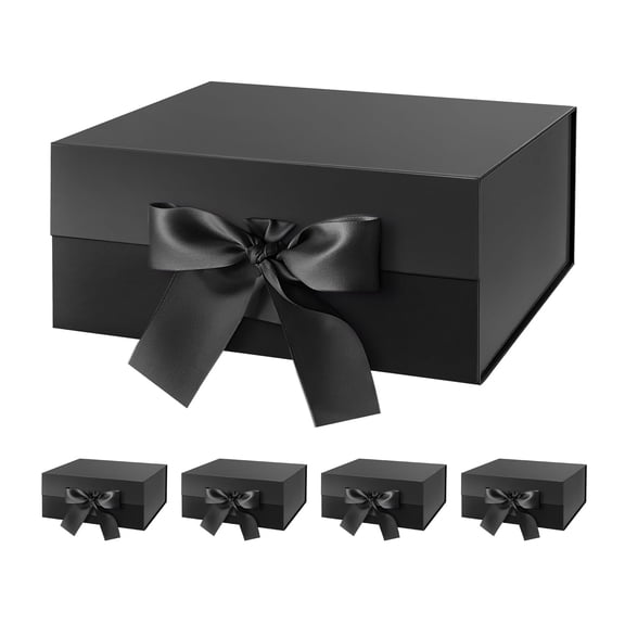PKGSMART 5 Black Gift Boxes with Ribbons, Boxes with Magnetic Lids for Birthday, 9x6.5x3.8 inches