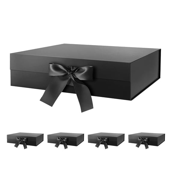 PKGSMART 5 Large Gift Boxes with Ribbons, 13x9.7x3.4 inches, Black Gift Boxes with Magnetic Lids for Presents