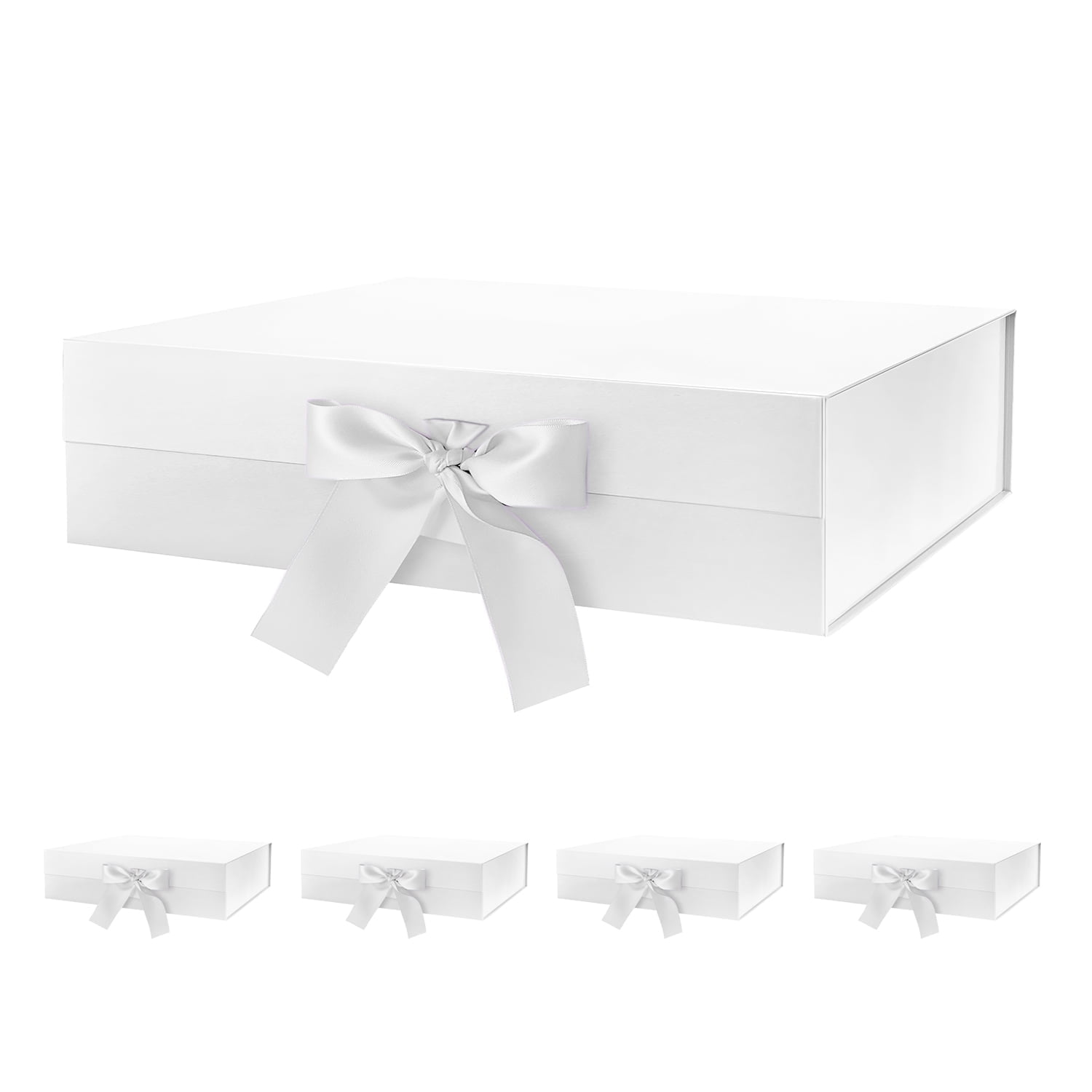 PKGSMART 5 Large Gift Boxes with Ribbons, White Gift Boxes with
