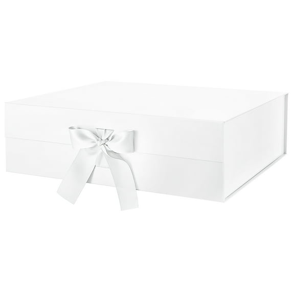 PKGSMART Extra Large Gift Box with Ribbon, White Gift Box with Magnetic Lid, 16.3x14.2x5 inches