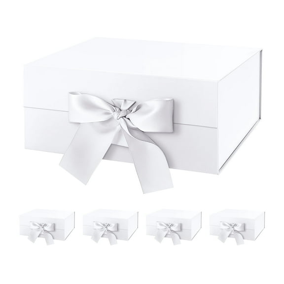 PKGSMART Gift Boxes with Ribbons, 9x6.5x3.8 inch, 5 White Gift Boxes with Magnetic Lids for Birthday