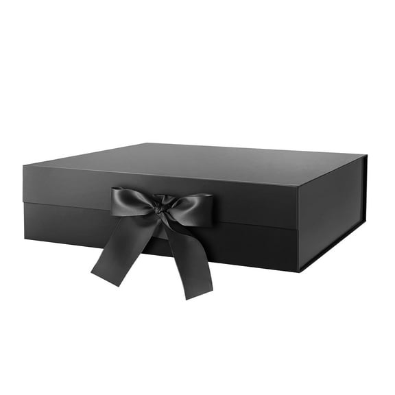 PKGSMART Large Gift Box with Ribbon 13x9.7x3.4 inches, Black Gift Box with Magnetic Lid for Present