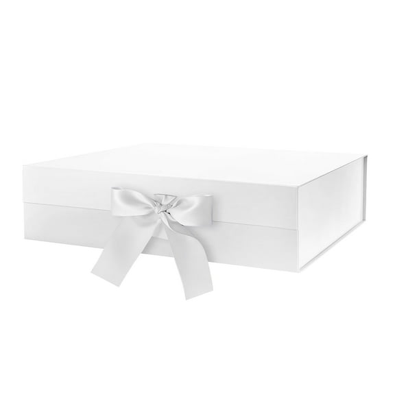 PKGSMART Large Gift Box with Ribbon, White Gift Box with Magnetic Lid for Gift, 13.5x9x4.1 inches