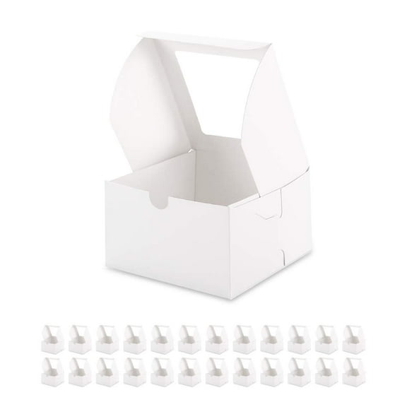 PKGSMART 25 Count White Treat Boxes with Window, 5x5x3.5 inches, Cake Boxes, Bakery Boxes for Cake