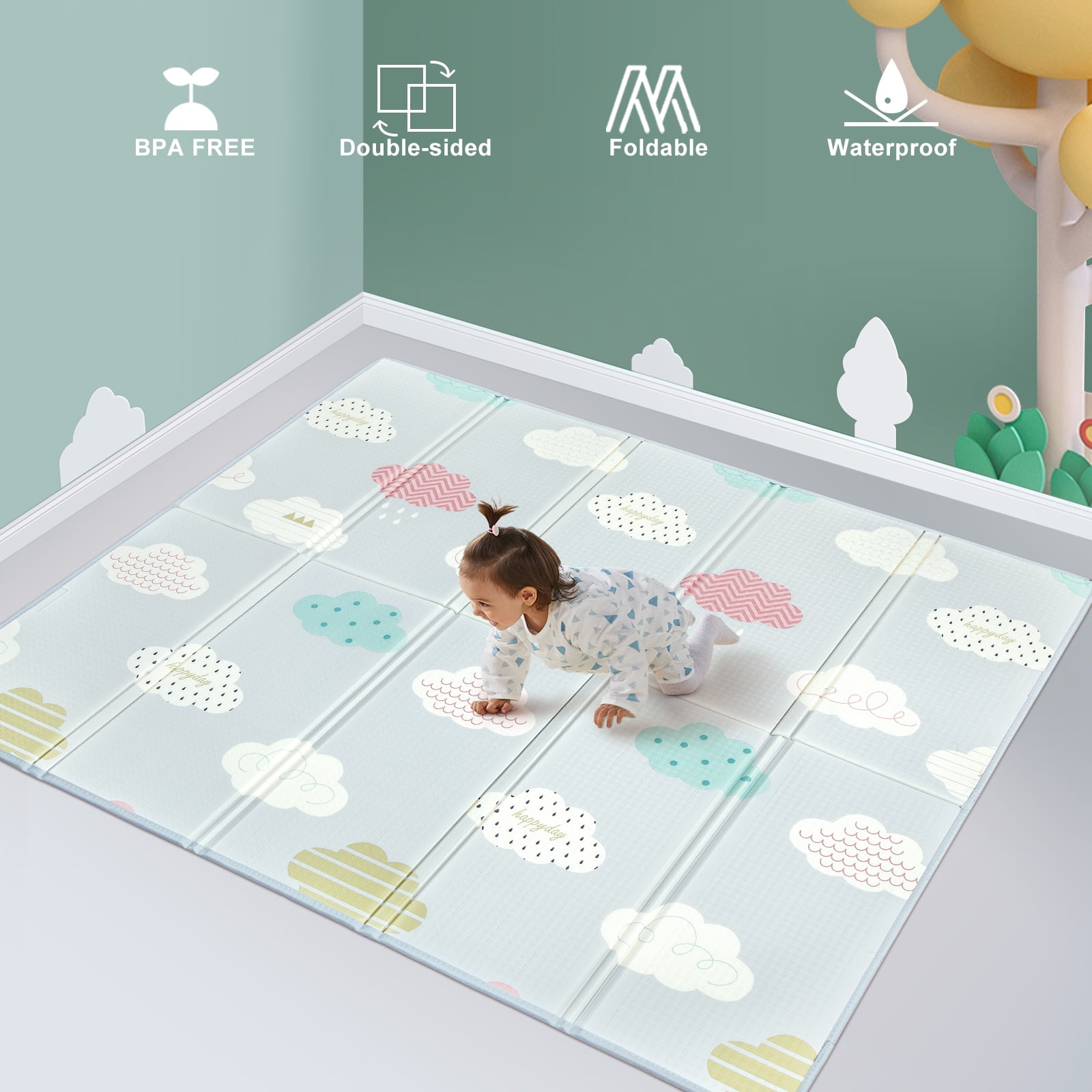 PKINOICY 71x59inch Play Mat for Baby,Crawling Mat for Infants Toddlers Kids,Foldable Kids Play Mat,Waterproof Crawling Mat,Edge Reinforcement Mat