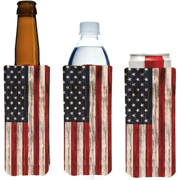 PKM - (2) Distressed FLAG Slim Can Cooler Sleeve - Blank Skinny 12 oz Neoprene Coolie - Perfect For 12oz , Michelob Ultra,Truly