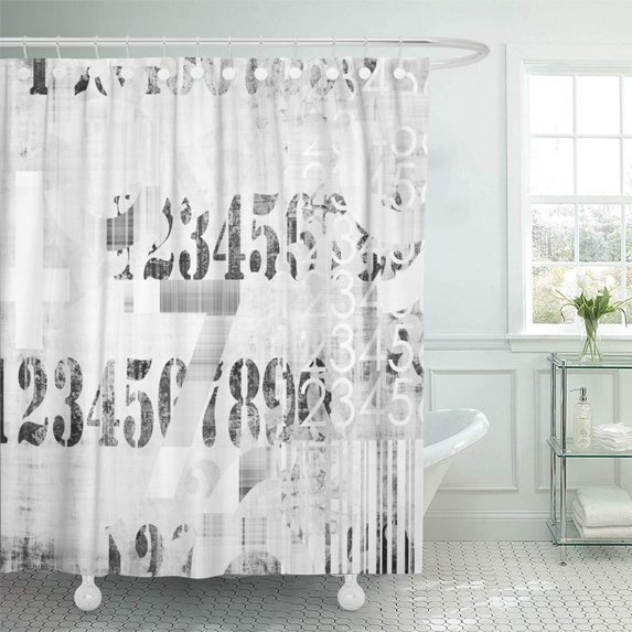 PKNMT Abstract Grunge Collage of Number and Typo Monochrome in Black Grey and White Colors Bathroom Shower Curtain 66x72 inch