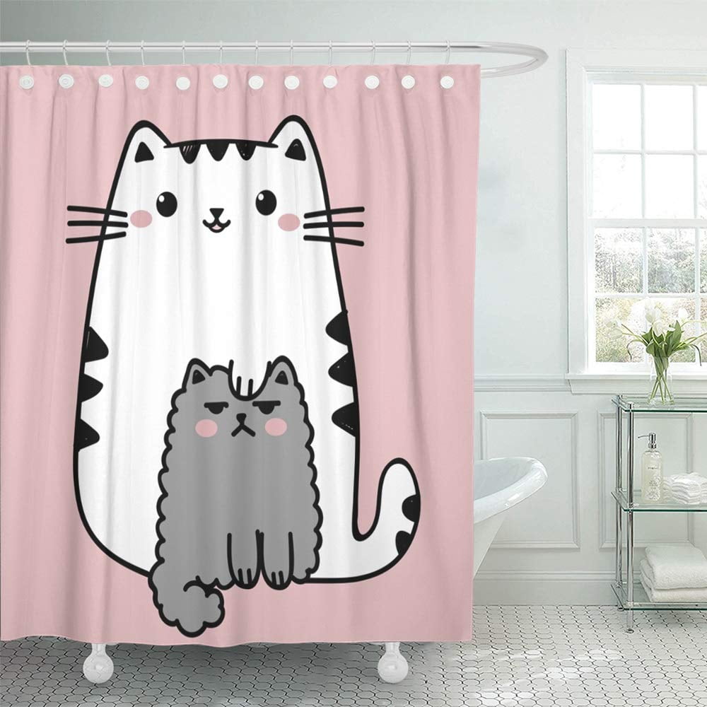 1pc Abstract Middle Age Style Shower Curtain With Cartoon Cat