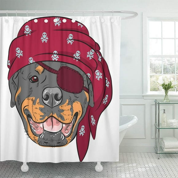 PKNMT Animal Dog Rottweiler Pirate Wearing Red Bandana and Eye Patch Bone Breed Canine Waterproof Bathroom Shower Curtains Set 66x72 inch