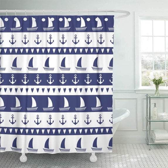PKNMT Aqua Navy Anchor Sailboat Heart Cute Nautical Marine Life Collection Baby Boat Boy Waterproof Bathroom Shower Curtains Set 66x72 inch