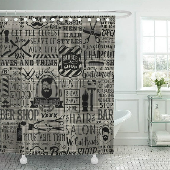 PKNMT Barbershop Barber with Tartan Vintage Badge Beard Cut Gentleman Graphic Grooming Shower Curtain Bath Curtain 66x72 inch
