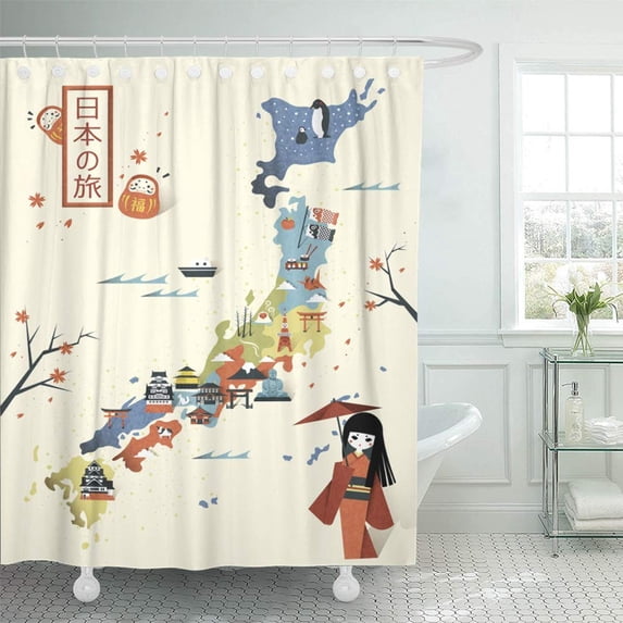 PKNMT Beige Asia Elegant Japan Travel Map Design in Japanese on Top Left Symbol Abstract Bathroom Shower Curtain 66x72 inch