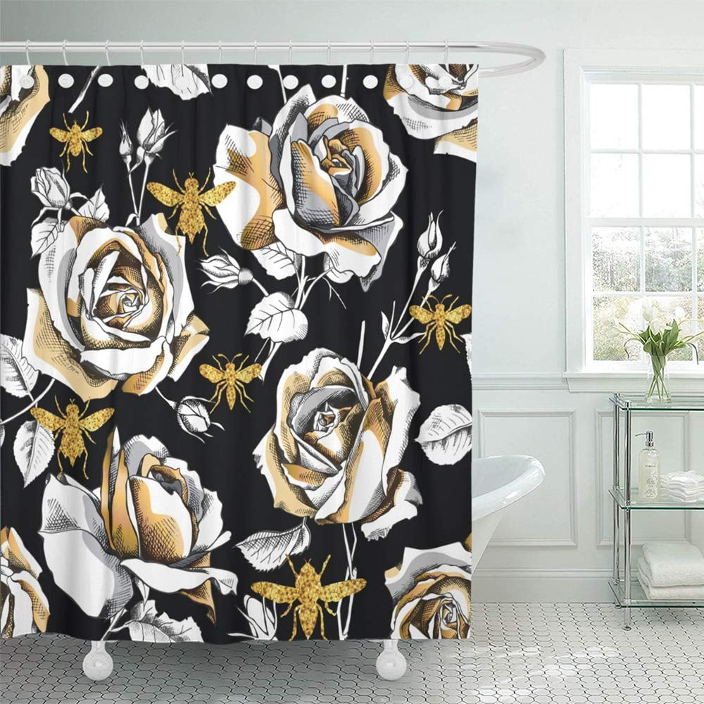PKNMT Beige Golden with of Gold Rose Flowers and Glitter Bees on Black ...