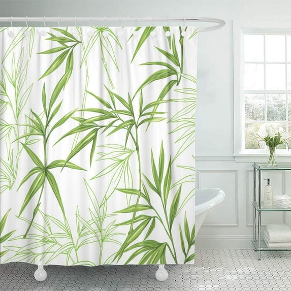 PKNMT Beige Leaf Exotic Pattern with Green Tropical Leaves on White Colorful Bamboo Waterproof Bathroom Shower Curtains Set 66x72 inch
