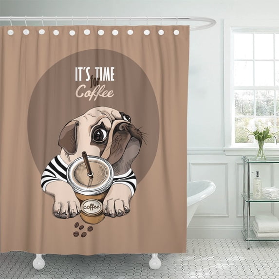 PKNMT Beige Pug Dog in Striped Cardigan Plastic Cup Polyester Shower Curtain 60x72 inches