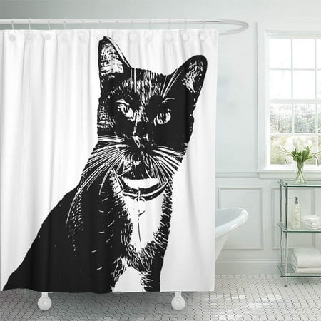 PKNMT Black Basic Pop Cat Black Clip Collar Cool Monochromatic Whiskers Bathroom Shower Curtain 66x72 inch