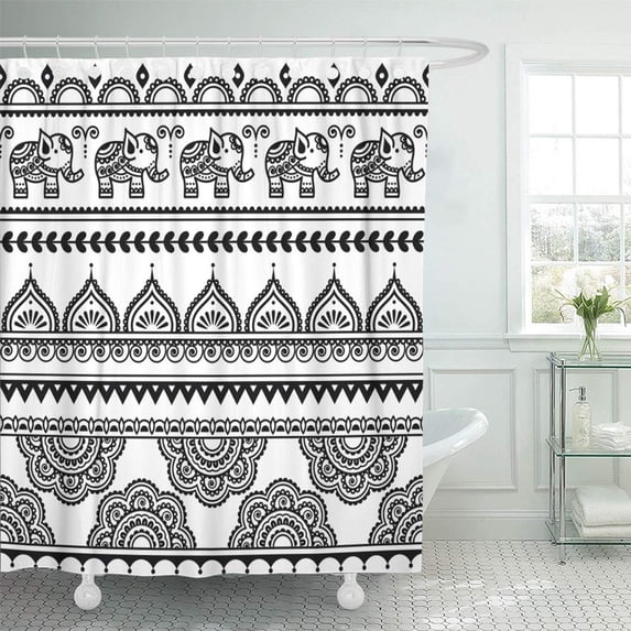 PKNMT Black Flower Mehndi Henna Tattoo with Elephants White India Ethnic Moroccan Shower Curtain Bath Curtain 66x72 inch