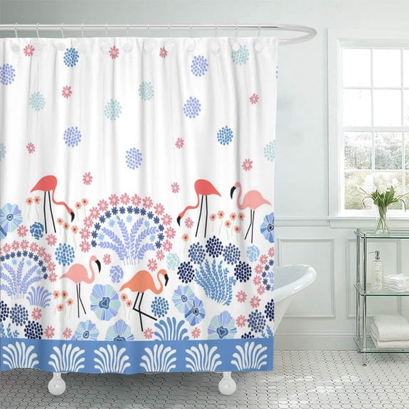 PKNMT Blue 50S Fantasy Landscape Border with Flamingo and Tropical Plants Pink 60S Abstract Birds Blossom Boho Waterproof Bathroom Shower Curtains Set 66x72 inch