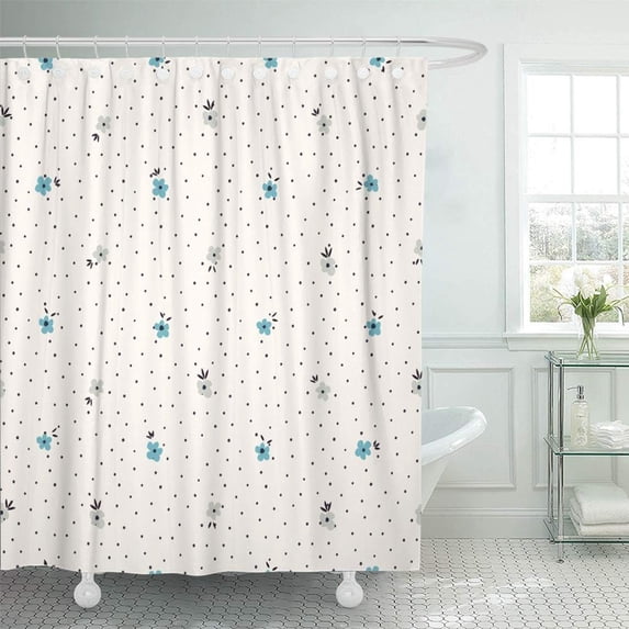 PKNMT Blue Abstract Small Flowers with Polka Dots Blossom Cute Floral Geometric Leaf Bathroom Shower Curtain 66x72 inch