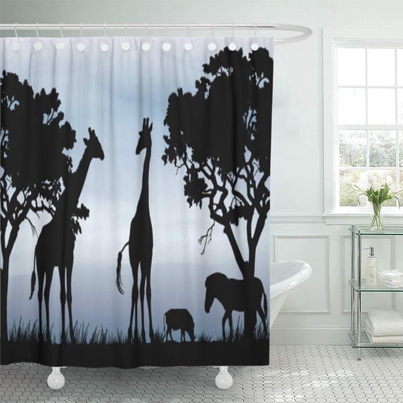 PKNMT Blue Black and White Silhouettes of Beautiful African Scenery with Giraffes Bathroom Shower Curtains 60x72 inch