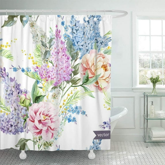PKNMT Blue Flower Watercolor Peonies Lilac Mimosa Pattern Vintage Gentle Green Floral Shower Curtain Bath Curtain 66x72 inch