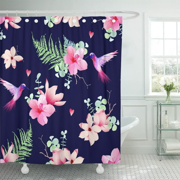 PKNMT Blue Navy Pattern Tropical Flowers and Flying Hummingbirds Green Polyester Shower Curtain 60x72 inches