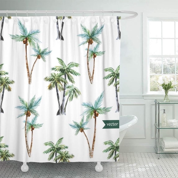 PKNMT Blue Vintage Watercolor Pattern Tropical Palm Trees Leaf Beach Silhouette Brazil Shower Curtain Bath Curtain 66x72 inch