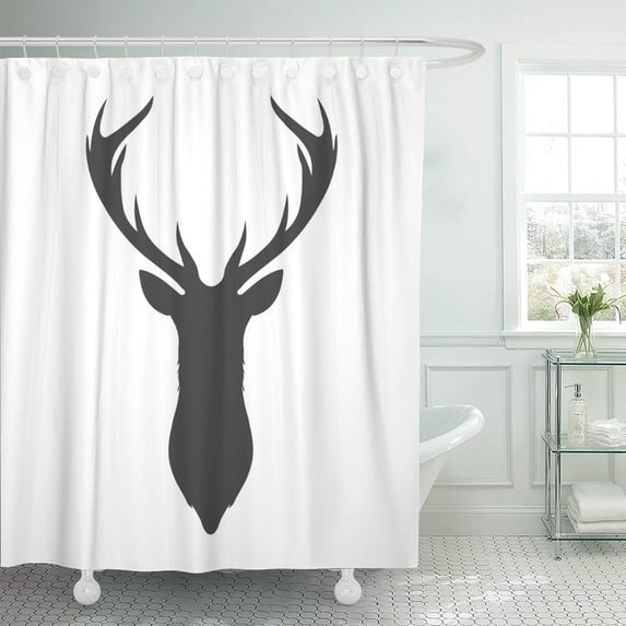 PKNMT Buck Dark Grey Silhouette of Deer Head and Antlers Polyester Shower Curtain 60x72 inches