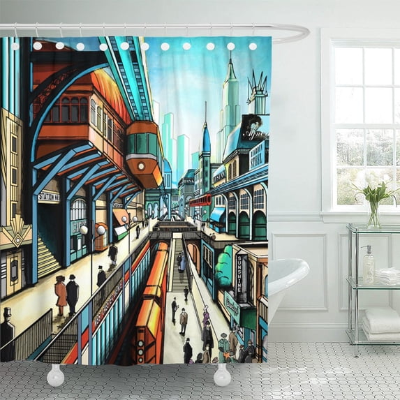 PKNMT City Street in The Retro Futurism Suspension Railway Shower Curtain 60x72 inches