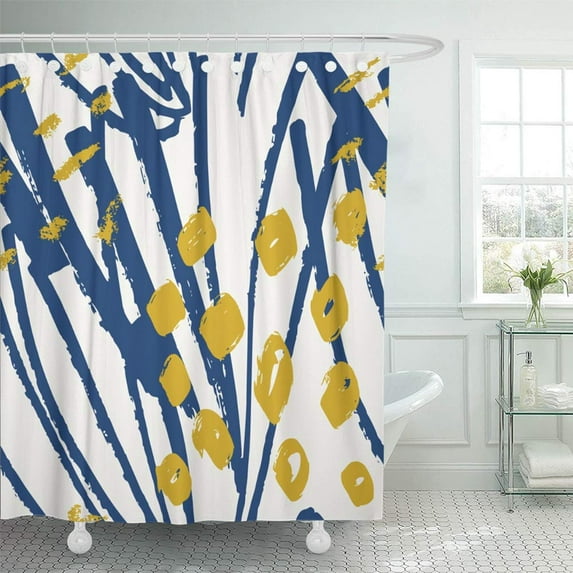 PKNMT Colorful Graphic Abstract Pattern in Blue Mustard Yelloow and White Modern Designs Waterproof Bathroom Shower Curtains Set 66x72 inch