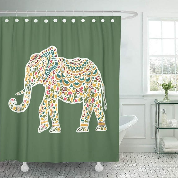 PKNMT Colorful India Decorated Elephant Silhouette and Colored Green Asian Royalty Waterproof Bathroom Shower Curtains Set 66x72 inch