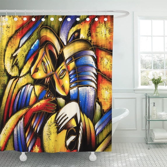 PKNMT Colorful Modern Oil Painting Abstract Face Orange Portrait Canvas Shower Curtain 60x72 inches
