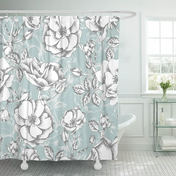 PKNMT Colorful Shades Sketched Roses on Turquoise Gray Grey Beautiful Shower Curtain 60x72 inches