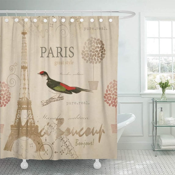 PKNMT Colorful Vintage Paris France Eiffel French Tower Coffee Perfume Sketch Waterproof Bathroom Shower Curtains Set 66x72 inch