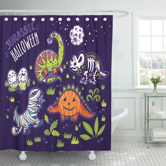 PKNMT Cool Halloween with Dinosaurs of Characters Zombie Pumpkin Skeleton Mummy and Funny Waterproof Bathroom Shower Curtains Set 66x72 inch
