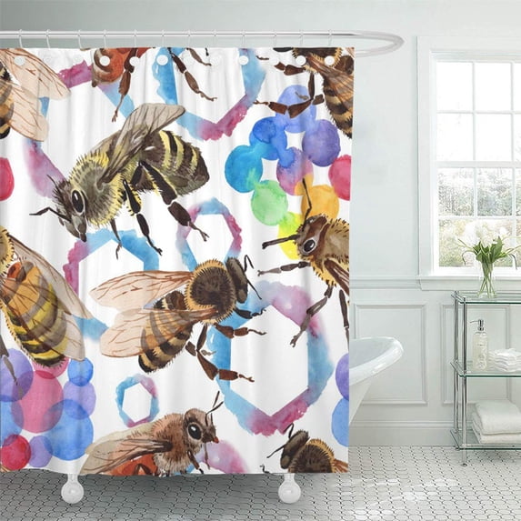 PKNMT Exotic Bee Wild Insect in Watercolor Full Name of The Honeybee Aquarelle Waterproof Bathroom Shower Curtains Set 66x72 inch