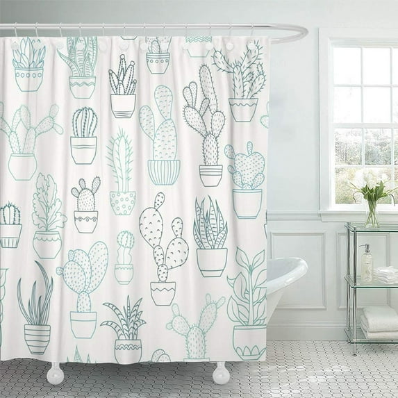 PKNMT Exotic Cactus Succulent Flowers Species Potted Houseplants Dark Blue Turquoise Waterproof Bathroom Shower Curtains Set 66x72 inch