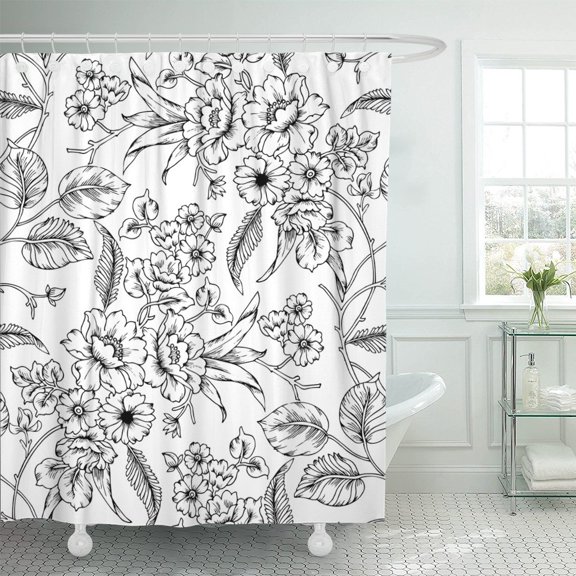 PKNMT Flower Black and White Floral Pattern Vintage Rose Plant Polyester Shower Curtain 60x72 inches
