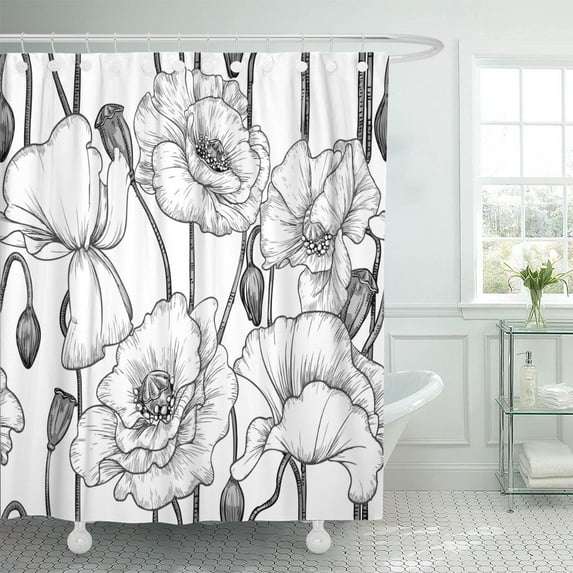 PKNMT Flower of Black and White Poppies Pattern Floral Line Polyester Shower Curtain 60x72 inches