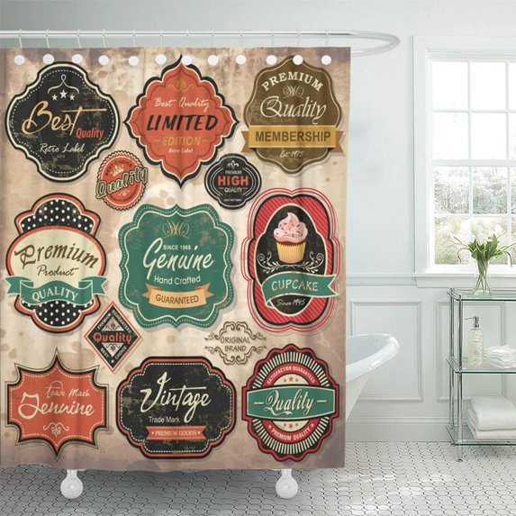 PKNMT Food Collection of Vintage Retro Grunge Labels Badges and Sign Tag Emblem Brand Seal Bathroom Shower Curtain 66x72 inch