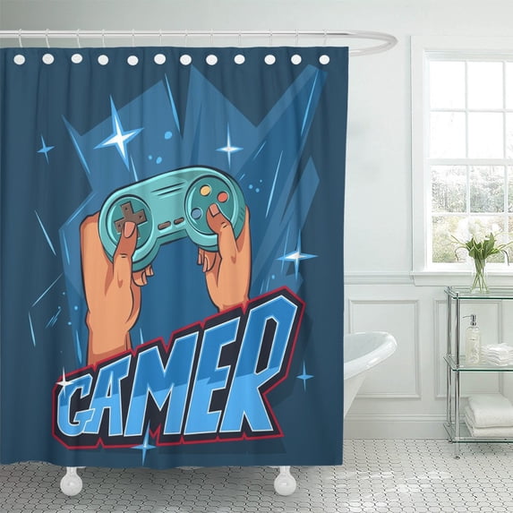 PKNMT Gamer Cartoon of Joystick in Hands on Blue Character Shower Curtain 60x72 inches