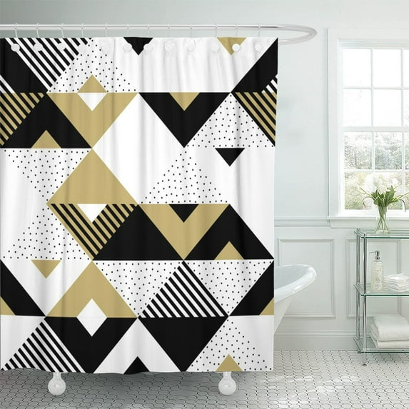 PKNMT Geometric Pattern of Abstract Golden Triangle Black and White Polyester Shower Curtain 60x72 inches