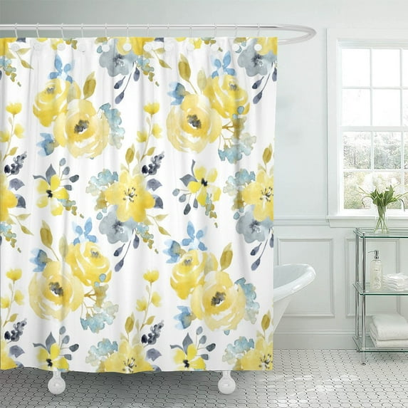 PKNMT Gray Watercolor Bright Summer Pattern Yellow and Blue Abstract Shower Curtain 60x72 inches
