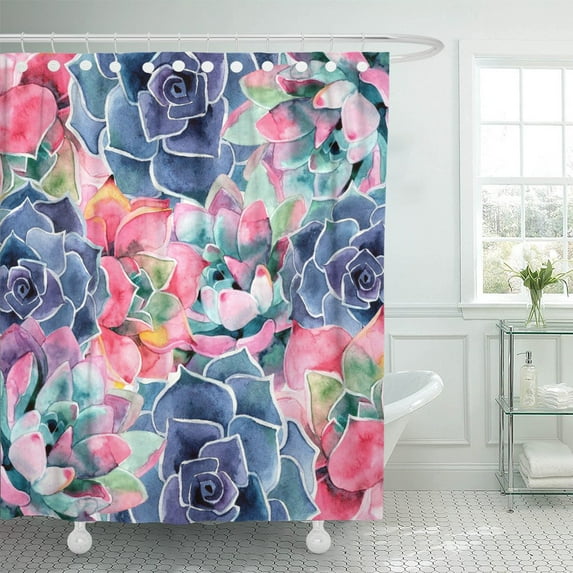 PKNMT Green Abstract Watercolor Succulent Beautiful Summer Plant Cactus Aquarelle Polyester Shower Curtain 60x72 inches