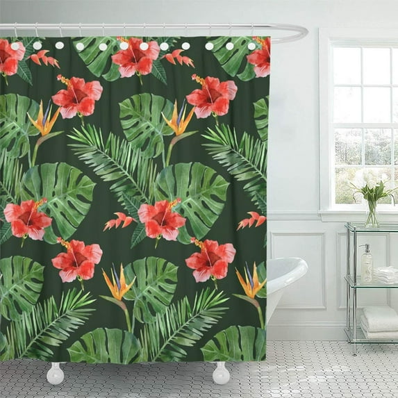 PKNMT Green Hibiscus Hand Drawn Watercolor Tropical Plants Flowers Leaf Monstera Banana Bathroom Shower Curtain 66x72 inch