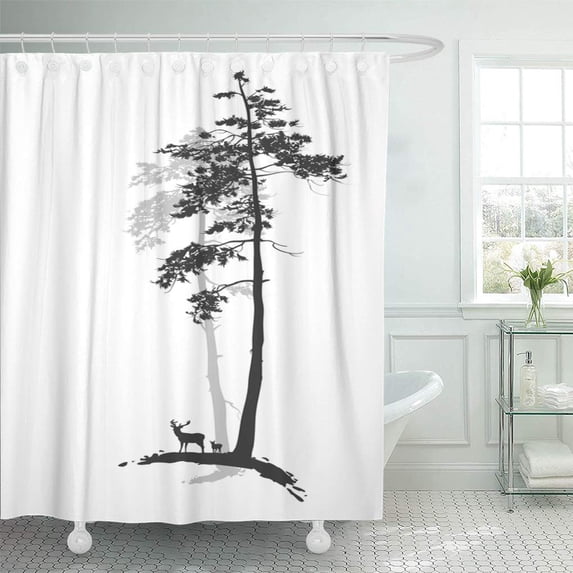 PKNMT Green Tree Silhouette of Pine Forest with Deer White Black and Branch Animal Bathroom Shower Curtains 60x72 inch