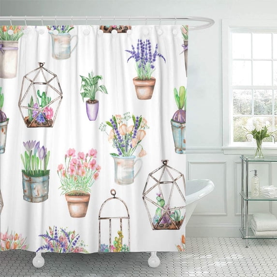 PKNMT Green with Bouquets of Wildflowers in Rustic Pots and Florariums with Succulents Waterproof Bathroom Shower Curtains Set 66x72 inch